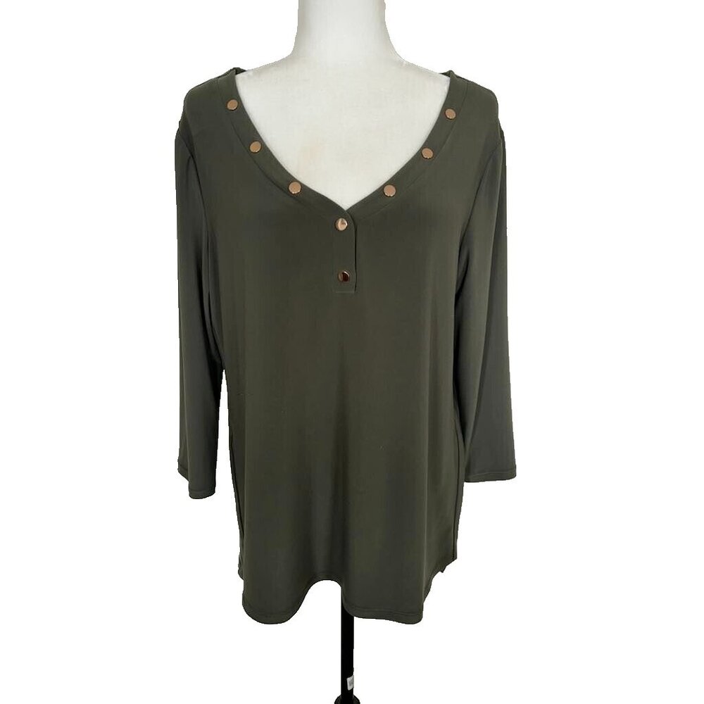 FRANK LYMAN Design Tunic Top Size 12 Olive Green Jersey Knit 3/4 Sleeves Gold
